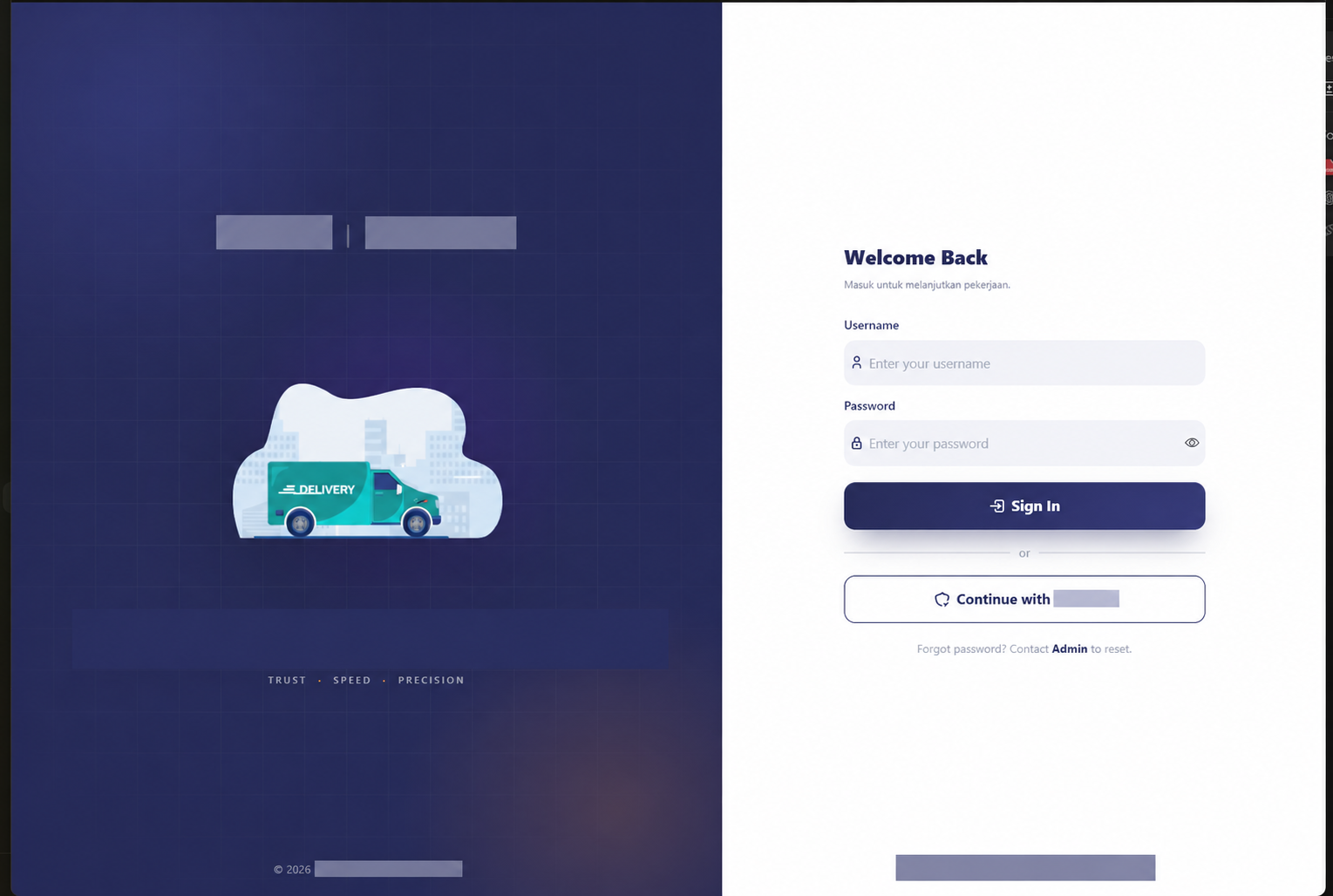 Sanitized split-screen login experience with company branding and identity details redacted.
