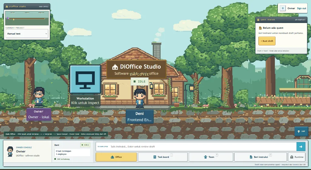 DiOffice pixel-office scene — the Owner and Deni the Frontend Engineer standing outside the studio, with quest tracker, owner console, and task board panels.