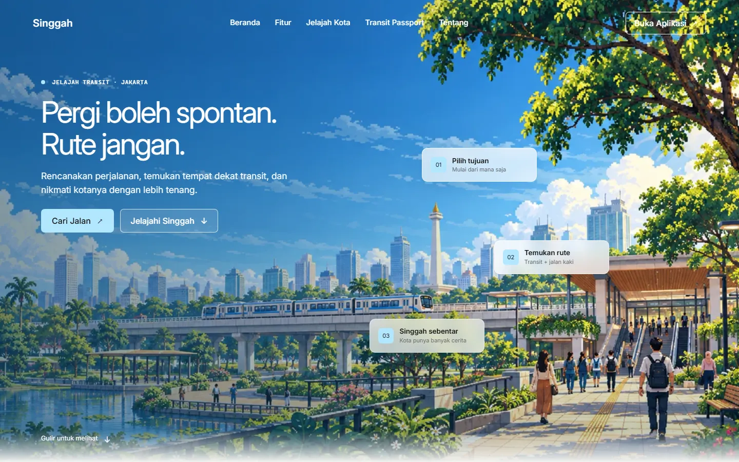 Singgah landing page — 'Pergi boleh spontan. Rute jangan.' over an illustrated Jakarta transit scene, with steps for picking a destination, finding a route, and exploring.